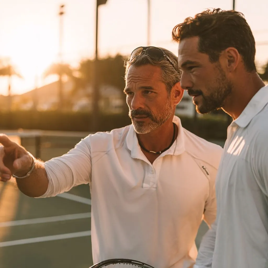Private adult tennis lesson in Miami: a coach guiding a player at sunset