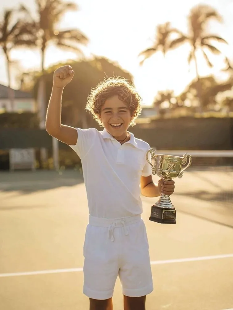 Junior tennis lessons in Miami: a young player celebrating with a trophy