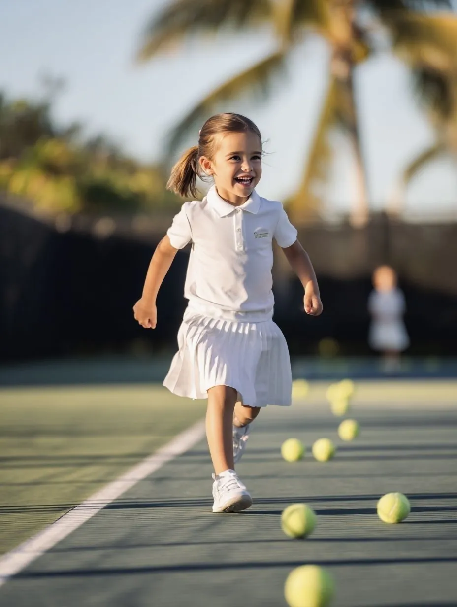 Kids tennis lessons in Miami: a young girl running across the court, laughing