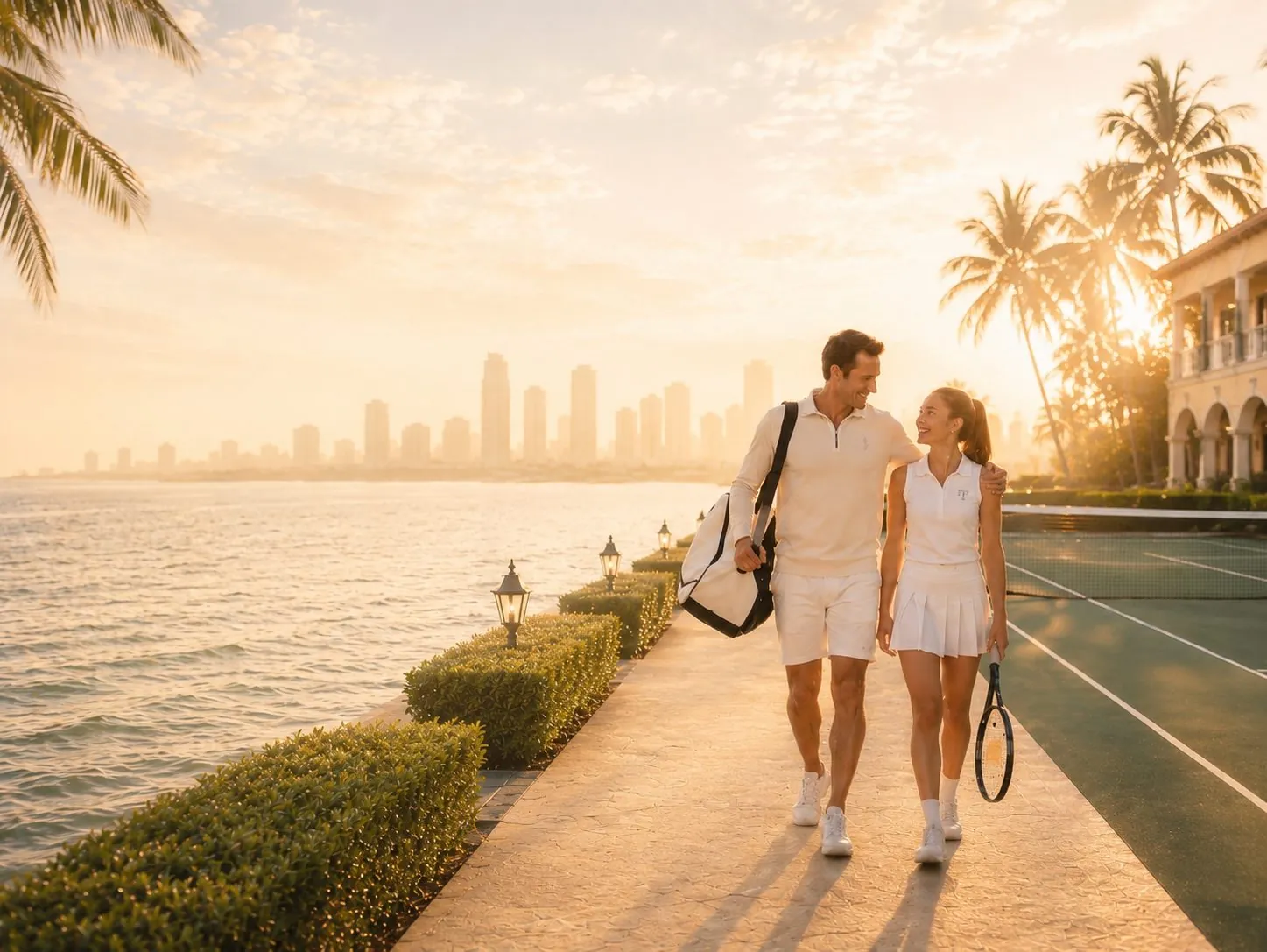 Private tennis lessons in Miami: two players walking off a waterfront court at golden hour