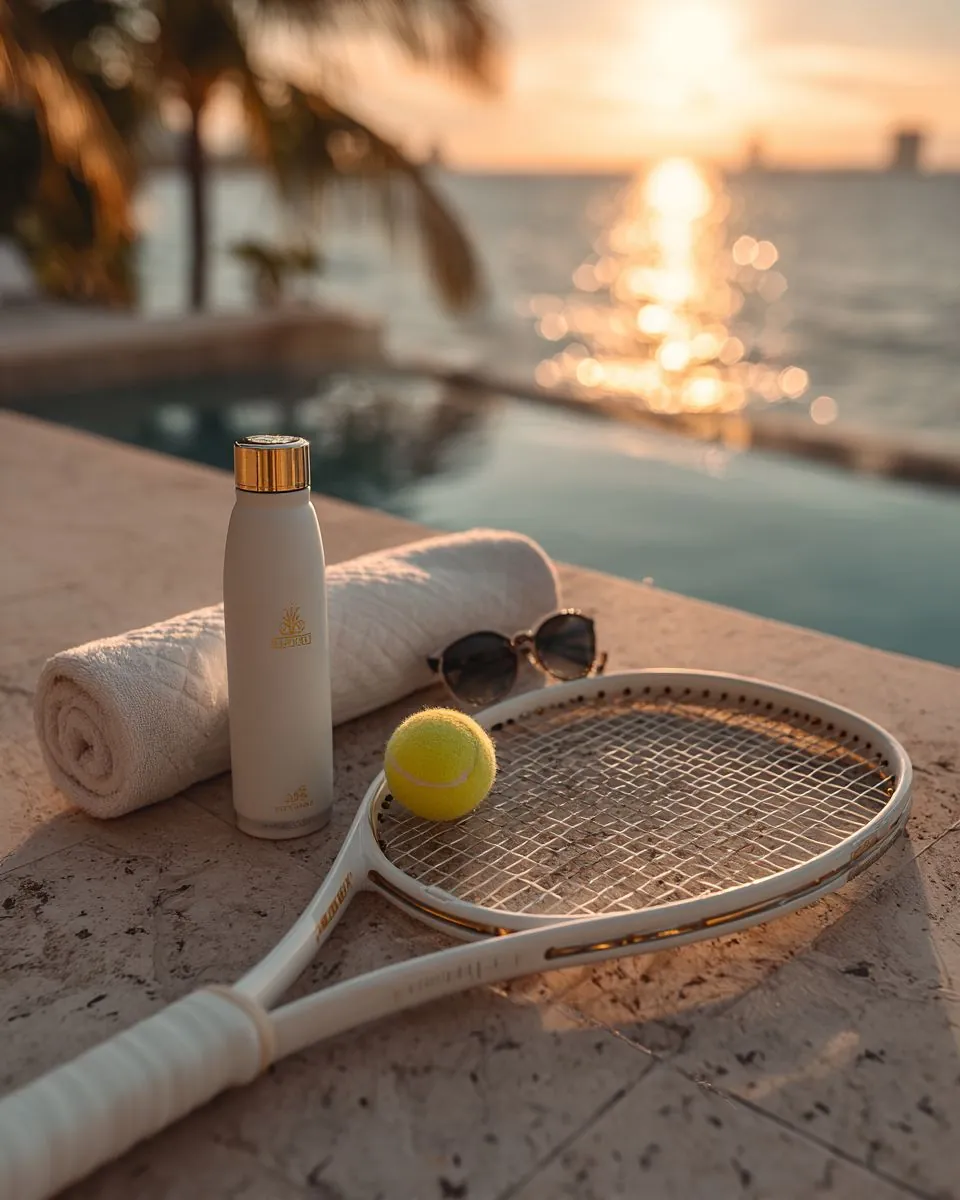 Tennis and wellness at home in Miami: racket, ball, towel and water beside a pool at sunset