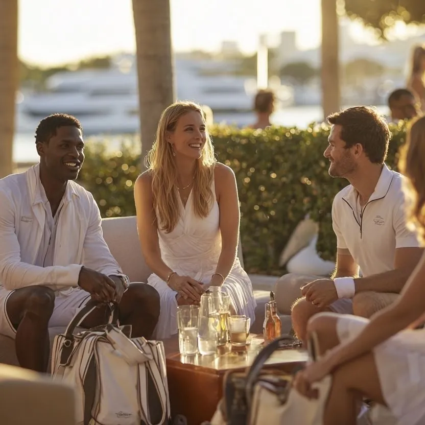 Tennis and wellness community in Miami: friends talking by the water after tennis