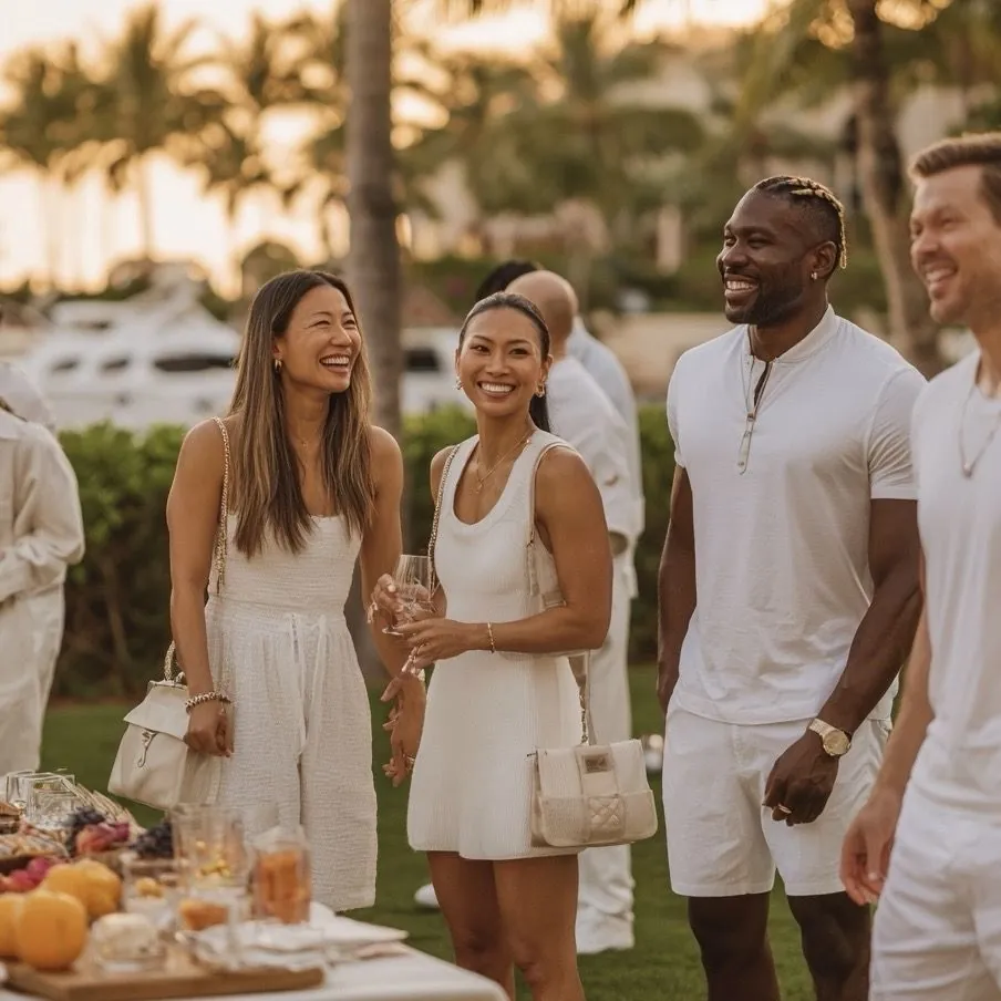 Tennis social in Miami: friends gathered in white at a Legacy evening